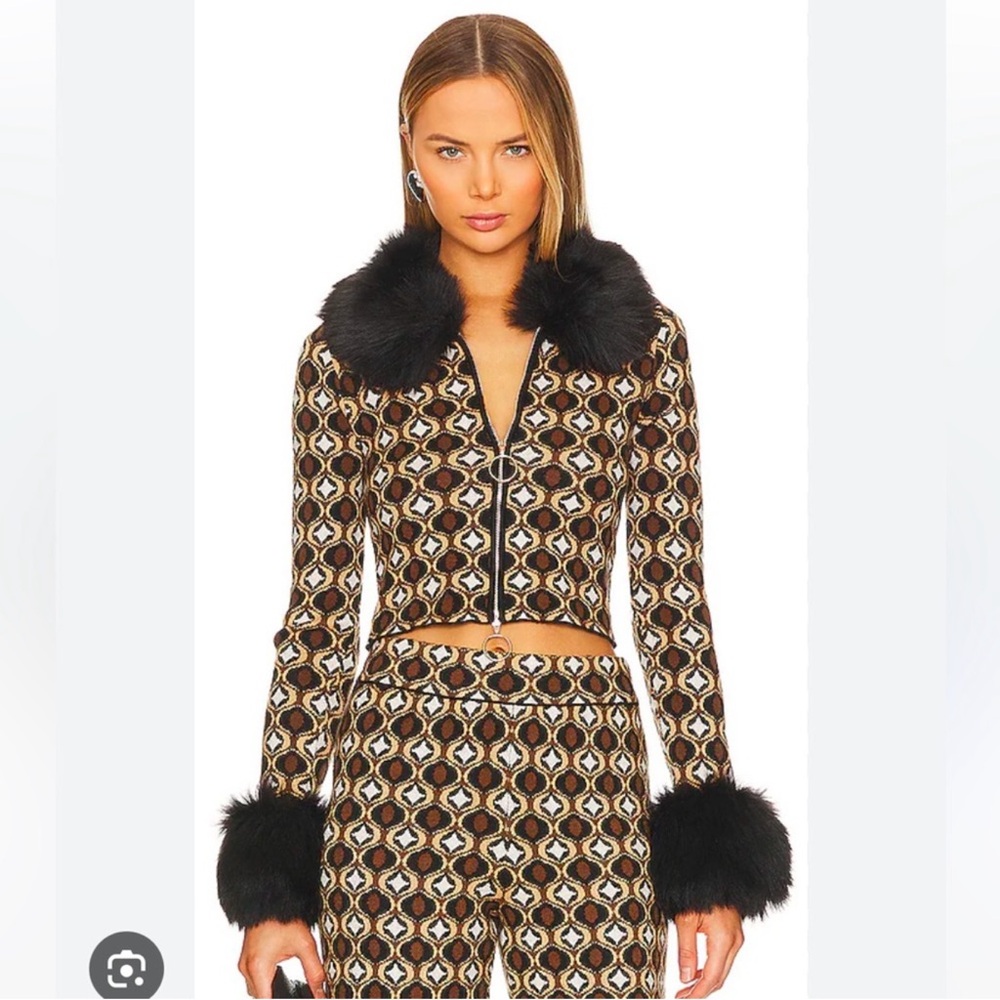 Show me your mumu zermatt zip up neutral geo jacquard faux fur jacket
